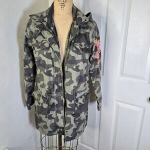 Camo Anorak Jacket with‎ Hood & Rose Embroidery, Utility Military Style womens M